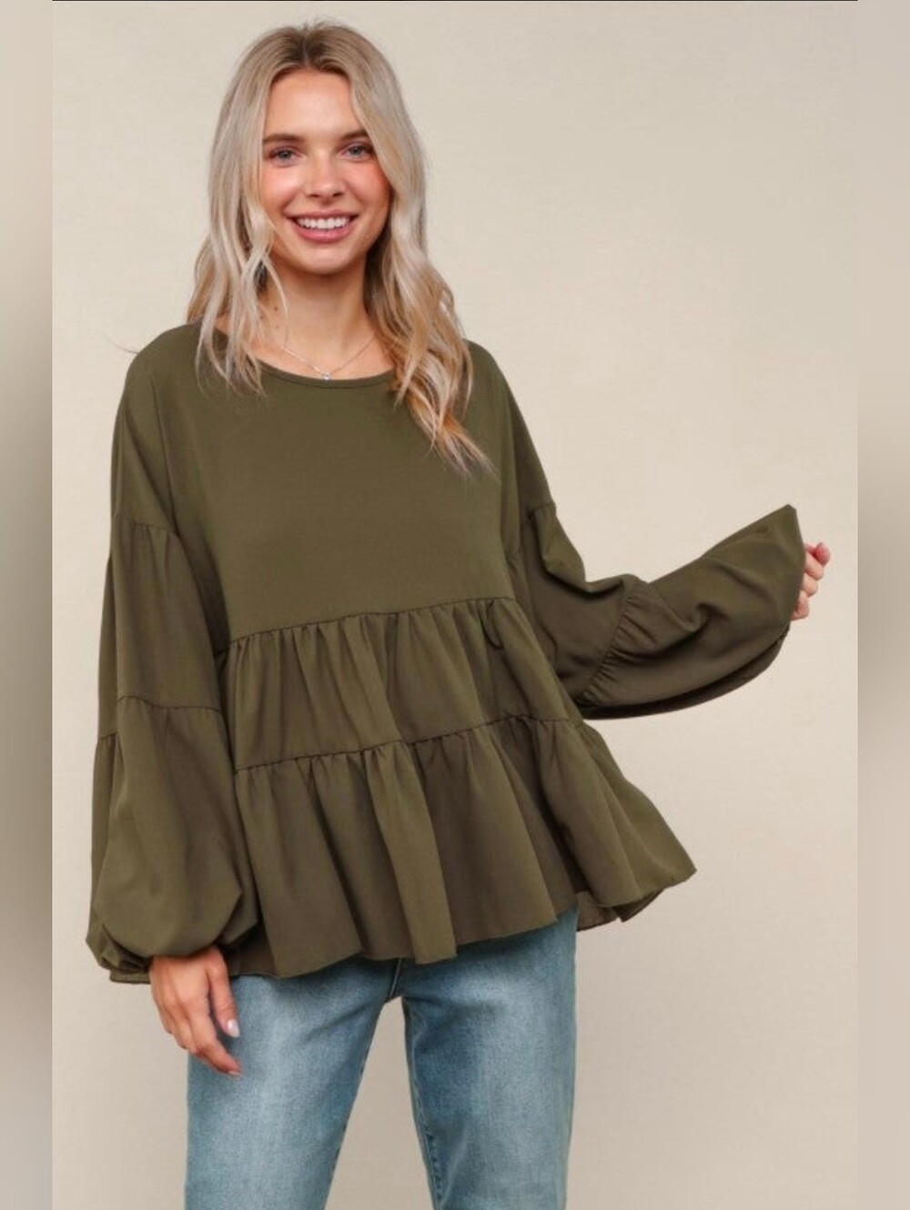 Relaxed Olive Green Tiered Peplum Long-Sleeve Top - Women